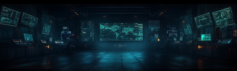 Leinwandbilder - A futuristic, dimly-lit room filled with glowing screens and digital interfaces, showcasing a high-tech environment.