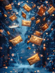 Poster - Snowy in a very dark magical night, gold envelopes are falling from the sky, Blue and gold aesthetic.
