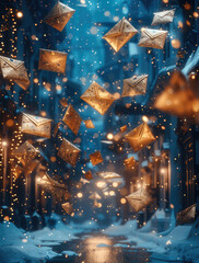 Leinwandbilder - Snowy in a very dark magical night, gold envelopes are falling from the sky, Blue and gold aesthetic.