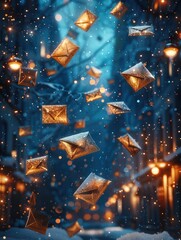 Leinwandbilder - Snowy in a very dark magical night, gold envelopes are falling from the sky, Blue and gold aesthetic.