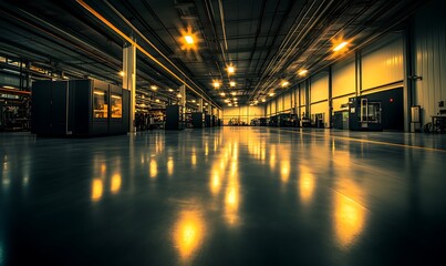 Poster - A spacious industrial interior with polished floors reflecting warm lights, creating a dramatic atmosphere in a warehouse or manufacturing facility.