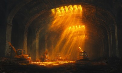 Aufkleber - A dimly lit cavern illuminated by golden rays, casting an enchanting glow on the scattered treasures within.