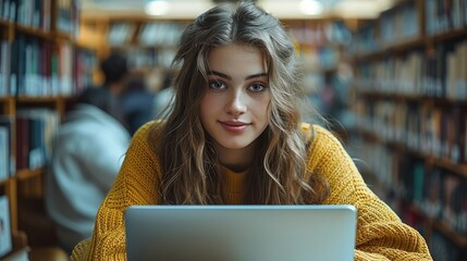 Poster - Young students study in the school library, female student sitting in front of laptop.