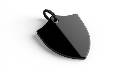 Leinwandbilder - Closeup photograph of a glossy shield shaped product label tag with a secure loop attachment positioned on a plain white background  Ideal for branding inventory management