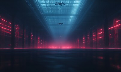 Poster - A futuristic, illuminated corridor with blue and pink lighting, featuring a misty atmosphere and high-tech vibes, creating a cyberpunk aesthetic.