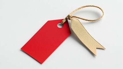 Leinwandbilder - Elegant and Sophisticated Metallic Red and Gold Ribbon Shaped Tag with a Sleek Finish and Secure Loop for Easy Attachment Perfect for Stylish Labeling and Branding on a Clean White Background