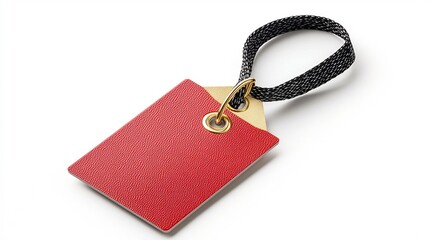 Poster - Rectangular red and gold luxury packaging tag with a glossy surface and reinforced strap designed for high end branding and product presentation isolated on a clean white background