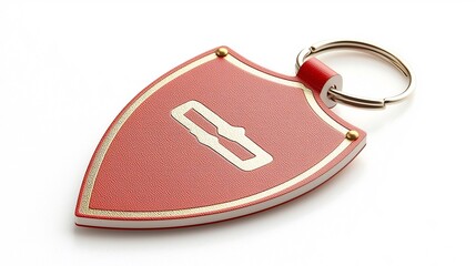 Fototapete - shield shaped red tag with golden accents and a sleek premium finish  Designed for secure attachment and branding purposes on products packaging or corporate identities