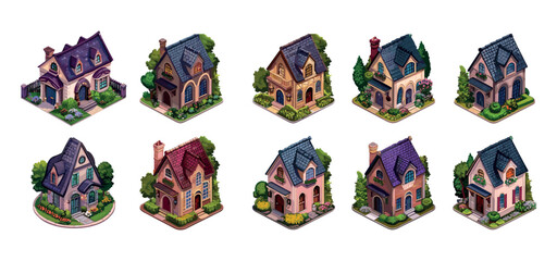 Wall Mural - Isometric old houses vector set. Tile roof chimney lawn little bushes garden tiny classic mansions, victorians epoch england style architecture buildings, isolated illustrations on white