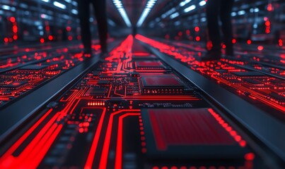 Fototapete - A futuristic scene featuring glowing red circuitry lines on a dark floor, likely depicting a high-tech data center or digital environment.
