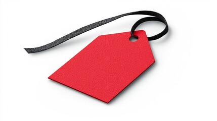 Poster - Minimalistic red tag with rounded corners and a black strap through a punched hole featuring a smooth texture ideal for product labels