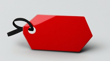 Poster - Detailed depicting a red product tag with a polished rounded surface and a black strap through a corner hole isolated on a clean white background perfect for price marking retail displays
