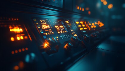 Poster - A futuristic control panel with glowing buttons and screens, illuminated in a dark, atmospheric setting.