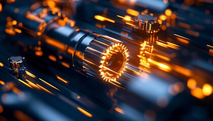 Aufkleber - A close-up view of intricate mechanical components with glowing effects, showcasing a blend of technology and artistry in a dimly lit environment.