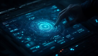 Aufkleber - A glowing interface with intricate designs is activated by a finger, showcasing technology and digital interaction in a dark environment.