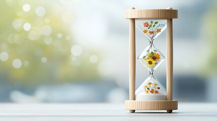 Aufkleber - Elegant wooden hourglass graphic depicting the four seasons   spring summer autumn and winter   each with symbolic nature elements like floral sun leaves and frost