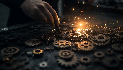 Poster - A hand adjusts a gear among multiple metal cogs, with sparks flying, symbolizing mechanical work and creativity.