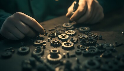 Poster - A close-up of hands sorting intricate gears and mechanical parts on a dark surface, showcasing attention to detail in engineering or crafting.