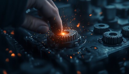 Poster - A hand interacts with a glowing gear mechanism, creating an aura of sparks and energy, showcasing a blend of technology and creativity.