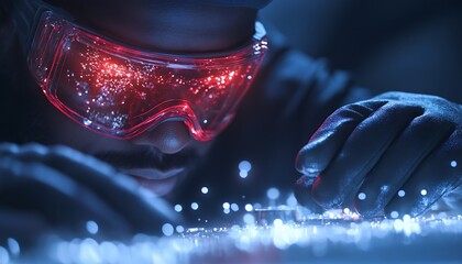 Poster - A person wearing protective glasses focuses on a glowing surface, showcasing sparks or particles, emphasizing precision and craftsmanship in a dark setting.