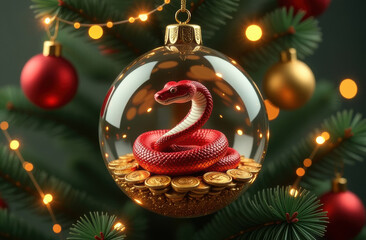 Wall Mural - Festive 3D rendering of a red snake curled up in a Christmas ball on gold coins. There is a Christmas tree in the background. Chinese zodiac sign for the year of the snake