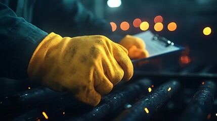 Poster - A close-up of a gloved hand holding a clipboard, with a blurred, illuminated background, suggesting an industrial or workshop environment.