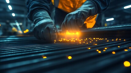 Poster - A worker manipulates metal materials, creating sparks in a dimly lit industrial setting, showcasing craftsmanship and precision.
