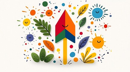 Poster - of a colorful upward pointing arrow filled with bright hues encircled by a dynamic arrangement of natural elements like green yellow orange and blue leaves