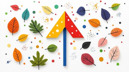 Aufkleber - Vibrant upward arrow surrounded by a festive arrangement of colorful leaves natural elements and paint splashes and scattered dots symbolizing growth progress and joy