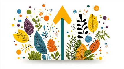 Poster - A bold upward pointing arrow illustrated amidst a vibrant display of colorful leaves nature inspired patterns and splashes of green yellow orange and blue tones creating an energetic celebratory feel