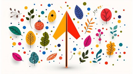 Poster - Vibrant Upward Arrow Surrounded by Festive Natural Elements Such as Brightly Colored Leaves and Foliage Against a Background of Scattered Dots and Paint Splashes Symbolizing Growth Progress and Joy