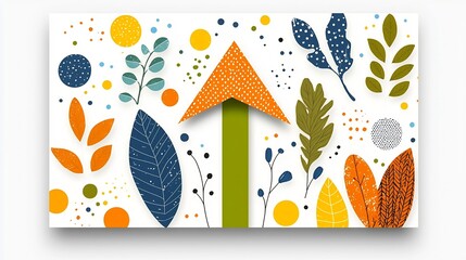 Poster - Bold Upward Arrow Amidst Vibrant Nature Inspired Patterns and Splashed Colors Creating an Energetic Celebratory Backdrop