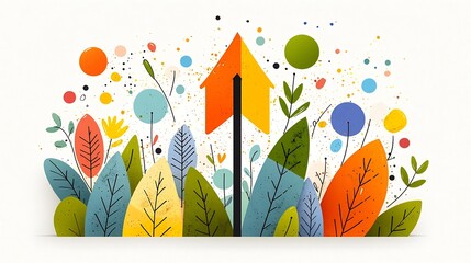 Poster - Upward Arrow Amidst Vibrant Nature Inspired Patterns and Splashed Colors in Green Yellow Orange and Blue Tones Creating an Energetic Celebratory Atmosphere