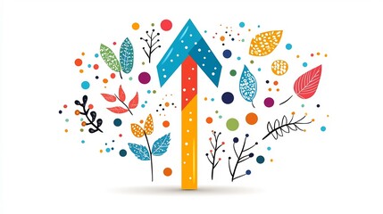 Poster - Vibrant and Lively Graphic of an Upward Arrow Adorned with Colorful Nature Patterns Leaves and Festive Splashes for a Celebratory Effect