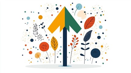 Poster - Vibrant Upward Arrow Surrounded by Colorful Abstract Leaves Splashes and Dotted Background Representing Energy and Growth