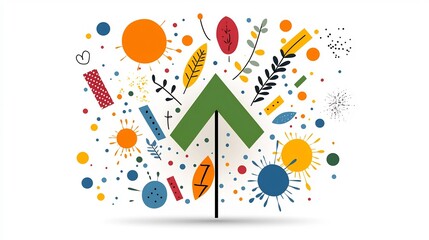 Poster - Vibrant Upward Arrow with Green Yellow Orange and Blue Leaves Surrounded by Abstract Splashes and Dotted Background Representing and Positive Energy