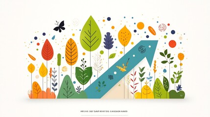 Poster - Festive upward arrow graphic featuring colorful autumn leaves and natural elements with bright shades of green yellow orange and blue
