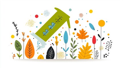 Poster - Festive upward arrow graphic featuring a vibrant mix of colorful autumn leaves natural elements and a playful background of dots and paint splatters to convey a sense of and progress