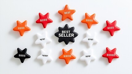 Poster - Vibrant Eight Pointed Star Shaped Best Seller Badges with Bold White Text Isolated on Clean White Background  Premium Graphic Design Elements for Product Promotion Sale and Ecommerce Branding