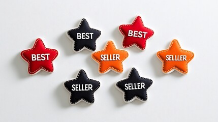 Fototapete - Stylish and eye catching eight pointed star BEST SELLER badges in red orange and black color schemes with clean white font set against a plain white background