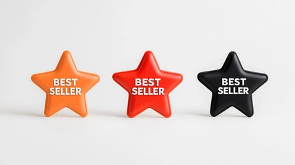 Poster - Premium eight pointed star shaped Best Seller badges in a bold color palette of red orange and black with clean white font set against a minimalist white background  Ideal for use in ecommerce