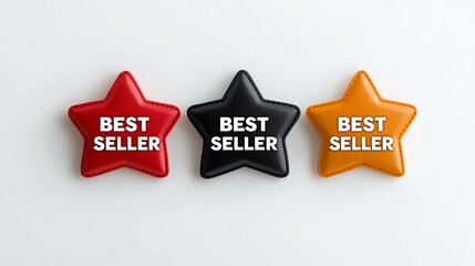Leinwandbilder - Captivating set of three best seller star badges in red orange and black colors with bold white typography featuring a clean and modern geometric design isolated on a pristine white background