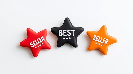 Poster - Premium 8 Pointed Star Badge Set in Vibrant Red Orange and Black Colors with Prominent Best Seller Text in the Center Displayed on a Plain White Background  Graphic Icon or Symbol for Promotion