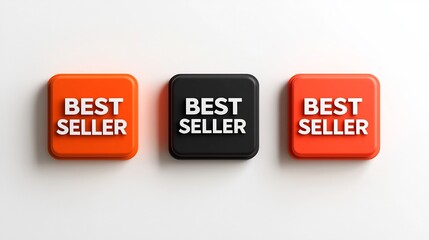 Poster - Vibrant and eye catching graphic icons of eight pointed  BEST SELLER  labels featuring bold high contrast colors of red orange and black with clear white text