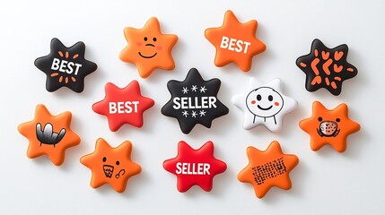 Poster - Vibrant eight pointed star shaped graphic design labels in red orange and black colors with bold clear white text reading BEST SELLER at the center isolated on a plain white background