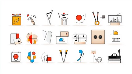 Poster - Minimalist Art Icons in Line Style Representing a Variety of Creative Concepts Museums and Music Elements in a Sleek Elegant and Stylized Manner