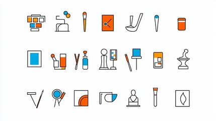 Aufkleber - Minimalist line style icons depicting symbols and tools associated with the art world including tools sculptures and statues in a simple abstract and contemporary visual style