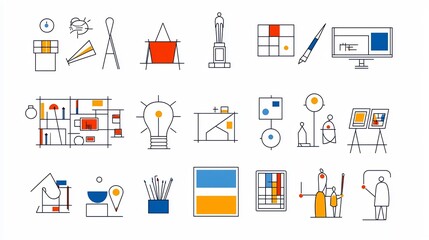 Fototapete - line style icons and symbols that represent the art scene including creative elements museum exhibitions and abstract statues or sculptures  These minimalist