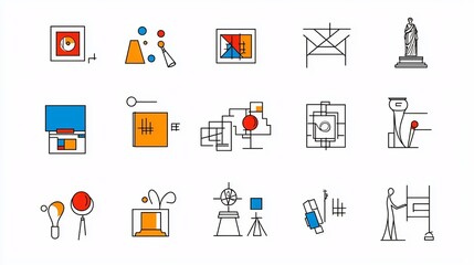 Fototapete - A set of minimalist line art icons depicting various elements of the art scene including museums sculptures paintings