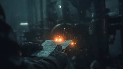 Poster - A dimly lit scene shows a person holding a paper near glowing machinery, with water droplets adding a sense of moisture and atmosphere to the industrial environment.